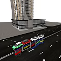 Car Carrier Transporting Multiple Cars On Urban Road With High Rise Building