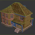 Cartoon Scene of a House With Brown Tile Roof Brick Walls Windows Porch and Steps