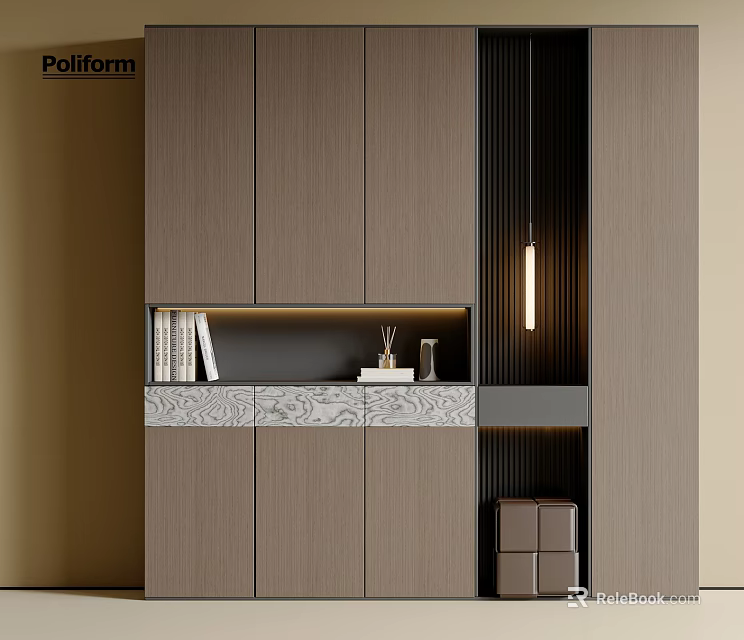 Elegant Modern Wooden Shoe Cabinet With Open Shelf And Decorative Items In Entryway 3d model 