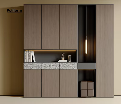 Elegant Modern Wooden Shoe Cabinet With Open Shelf And Decorative Items In Entryway 3d model