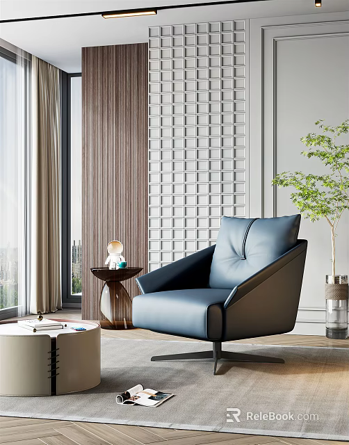 Modern Blue Single Sofa In Living Interior With Side Table Potted Plant And Lattice Wall 3d model 