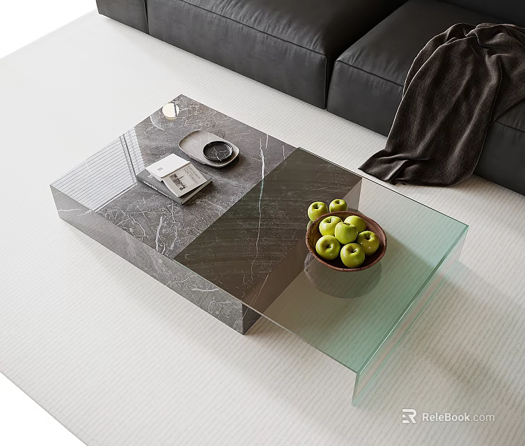 Sleek Modern Coffee Table With Marble Glass Surface And Green Apples Tray By Black Sofa 3d model 