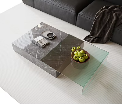 Sleek Modern Coffee Table With Marble Glass Surface And Green Apples Tray By Black Sofa 3d model
