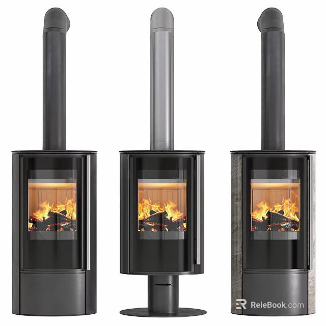 Three Black Fireplaces With Glass Doors Burning Flame And Chimney Design 3d model 