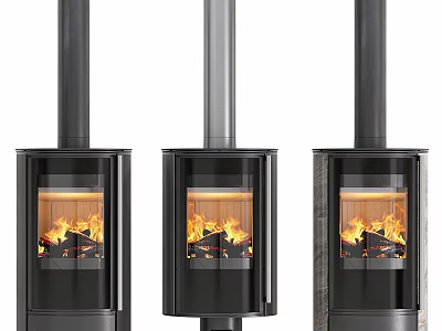 Three Black Fireplaces With Glass Doors Burning Flame And Chimney Design 3d model