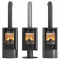 Three Black Fireplaces With Glass Doors Burning Flame And Chimney Design