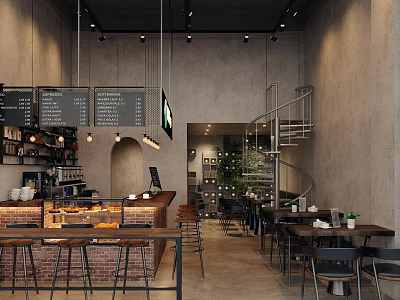Industrial Style Café Interior With Spiral Staircase Bar Counter And Green Plants 3d model