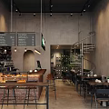 Industrial Style Café Interior With Spiral Staircase Bar Counter And Green Plants