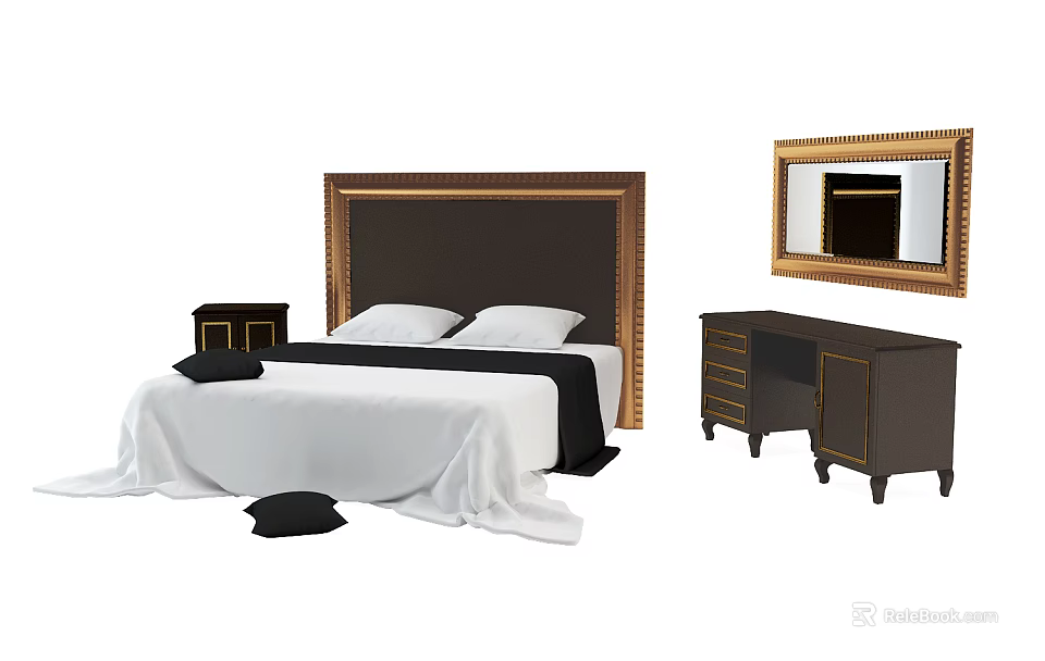 Double Bed with Golden Framed Dark Upholstered Headboard White Bedding Matching Nightstand Dresser and Mirror 3d model 