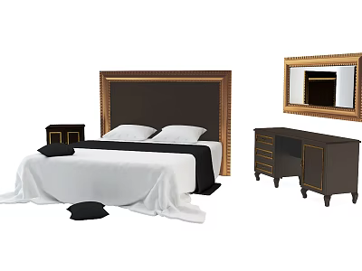 Double Bed with Golden Framed Dark Upholstered Headboard White Bedding Matching Nightstand Dresser and Mirror 3d model