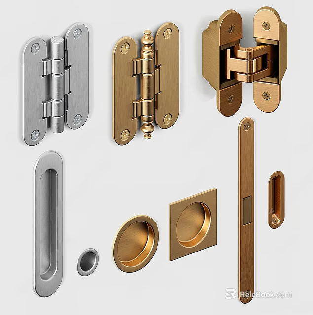 Decorative Metal Hardware Fittings With Hinges Handles Knobs In Silver And Gold 3d model 
