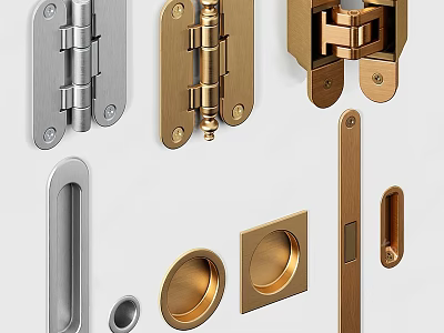 Decorative Metal Hardware Fittings With Hinges Handles Knobs In Silver And Gold 3d model