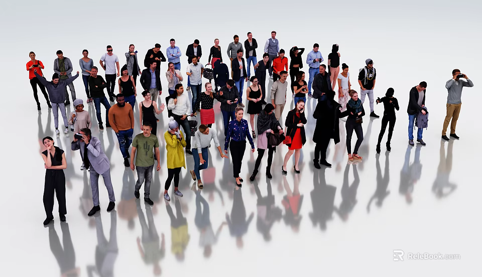 Crowd of Diverse People Standing Together With Various Outfits And Reflections 3d model 