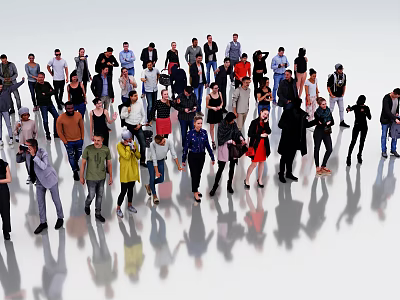 Crowd of Diverse People Standing Together With Various Outfits And Reflections 3d model