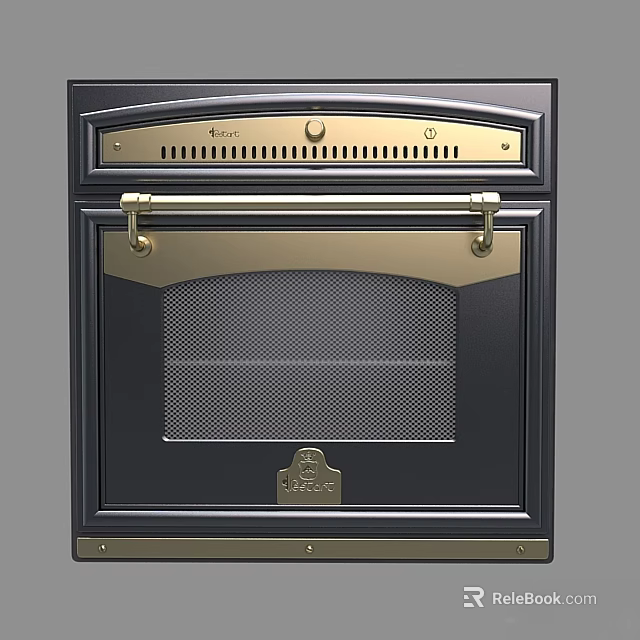 Stylish Black And Gold Oven With Metal Handle Mesh Door And Brand Logo 3d model 