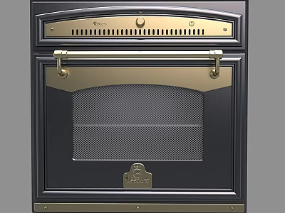 Stylish Black And Gold Oven With Metal Handle Mesh Door And Brand Logo 3d model
