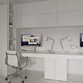 Modern White Apartment Interior With Desks Chairs Sofas And Stairs