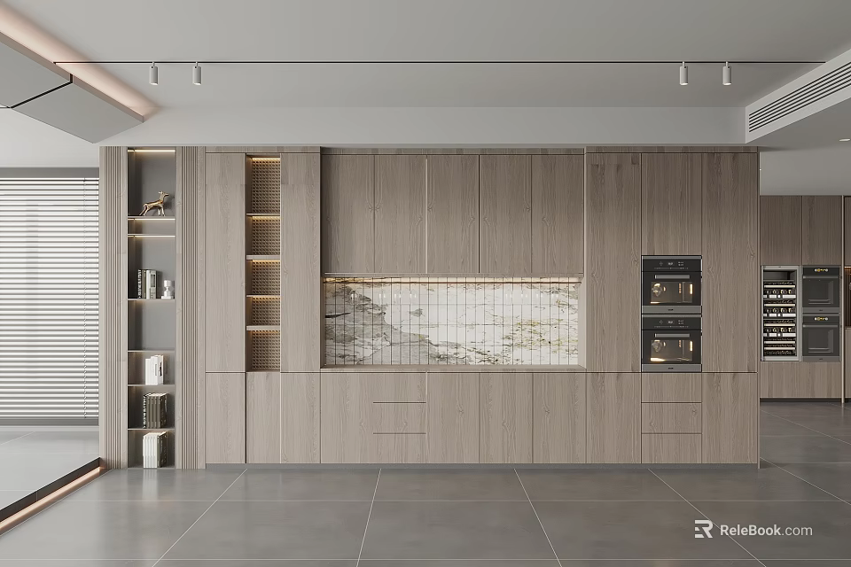Modern Kitchen Interior Design With Wooden Cabinets Marble Backsplash And Built-in Ovens 3d model 