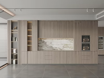 Modern Kitchen Interior Design With Wooden Cabinets Marble Backsplash And Built-in Ovens 3d model