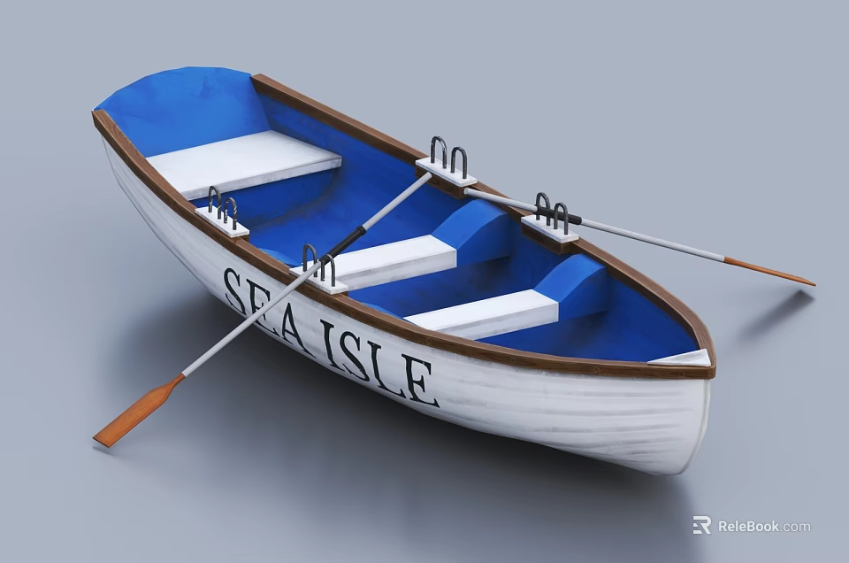 Wooden Boat with White and Blue Hull Featuring SEA ISLE Lettering and Oars 3d model 