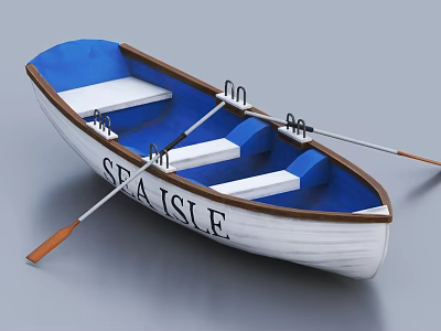 Wooden Boat with White and Blue Hull Featuring SEA ISLE Lettering and Oars 3d model