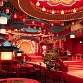 Chinese Style Banquet Hall With Red Decor Traditional Lanterns And Dragon Patterns