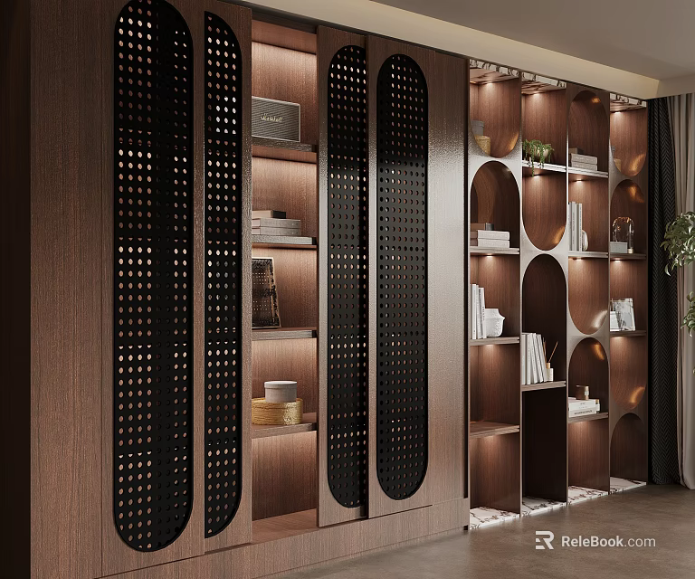 Modern Wooden Display Cabinet With Perforated Panels Shelves Books And Ornaments 3d model 