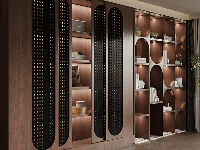 Modern Wooden Display Cabinet With Perforated Panels Shelves Books And Ornaments 3d model