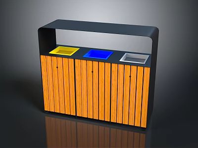 Classified Waste Bin with Multiple Colored Compartments Wooden Panel Front and Black Metal Frame Design 3d model