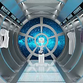 Space Themed Public Office Space With Blue Starry Background Circular Archway And Central White Installation