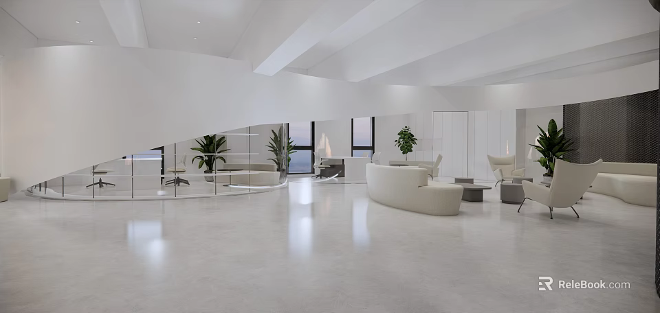 Modern Lounge Area Interior With White Design Curved Sofas Green Plants And Large Windows 3d model