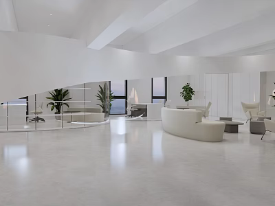 Modern Lounge Area Interior With White Design Curved Sofas Green Plants And Large Windows 3d model