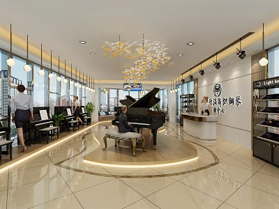 Elegant Piano Store Interior With Pianos On Display Person Playing And Chandelier Lighting 3d model
