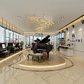 Elegant Piano Store Interior With Pianos On Display Person Playing And Chandelier Lighting