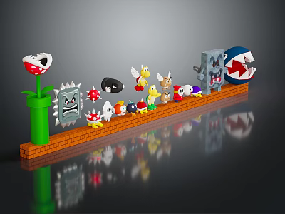 Platform Game Characters And Fantasy Creatures With Colorful Mushroom Flower Spiked Objects Mechanical Devices 3d model