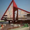 Modern Building Complex with Tilted Red Roofs Green Lawns Water Area and Geometric Design