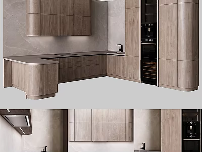 Modern Kitchen Interior Wooden Cabinets With Island Countertop And Built-in Appliances 3d model