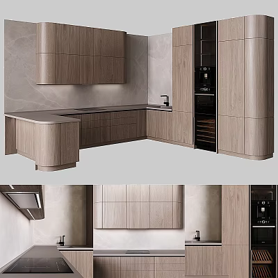 Modern Kitchen Interior Wooden Cabinets With Island Countertop And Built-in Appliances 3d model