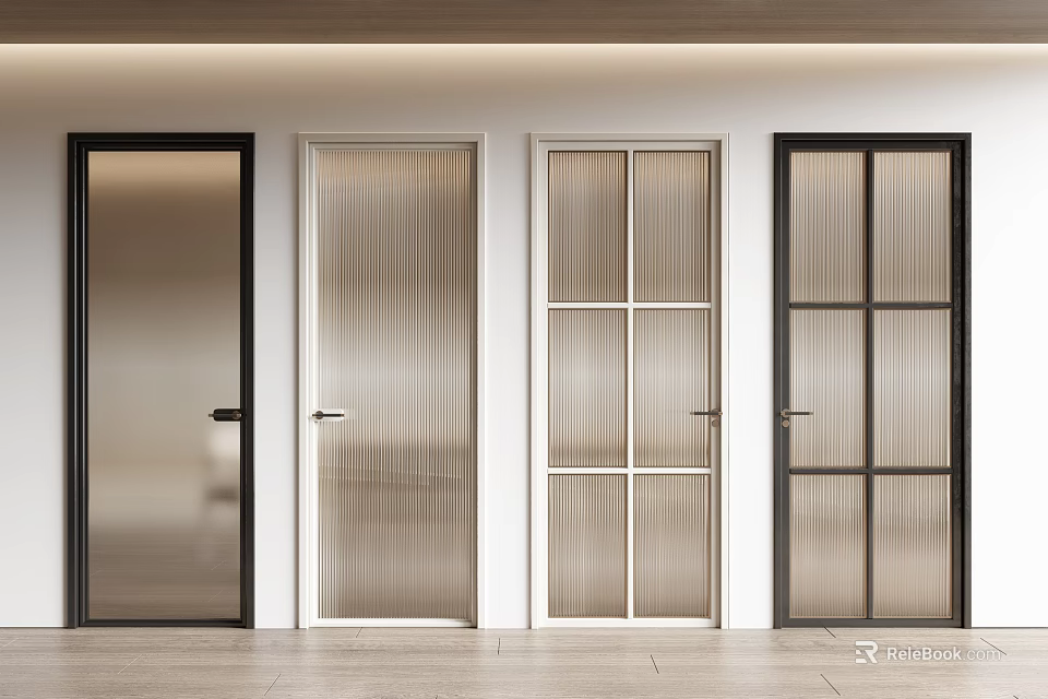 Modern Interior Flush Doors With Frosted Glass Grid Panels And Black White Frames 3d model 