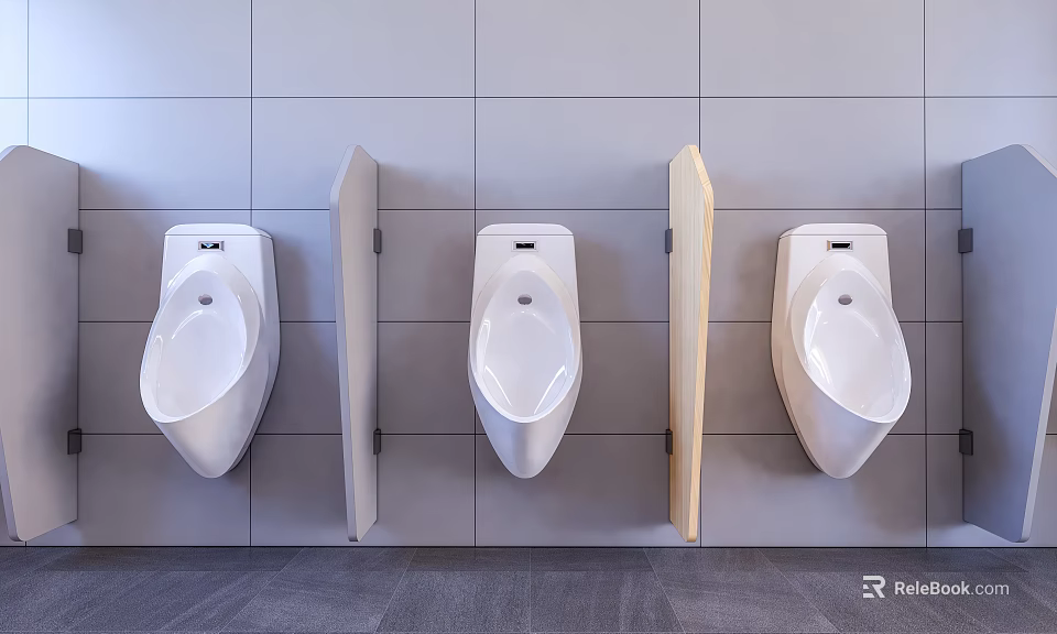 Three White Urinals Mounted On Grey Tile Wall With Wooden Partitions In Modern Restroom 3d model 