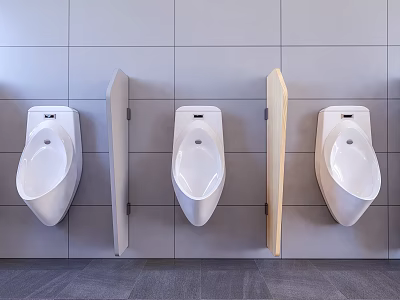 Three White Urinals Mounted On Grey Tile Wall With Wooden Partitions In Modern Restroom 3d model