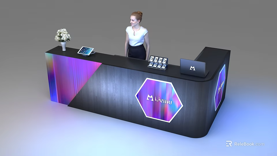Modern Reception Desk With Woman Staff White Flower Bouquet Tablet Brochures And Lexoria Hexagon Logo 3d model 