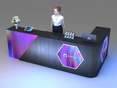 Modern Reception Desk With Woman Staff White Flower Bouquet Tablet Brochures And Lexoria Hexagon Logo 3d model