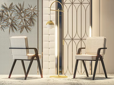 Stylish Comfortable Lounge Chairs With Wooden Frame And Beige Upholstery In Modern Interior 3d model