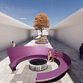 Modern Landscape Seat With Purple Arch Welcome Sign And Patterned Floor Pathway