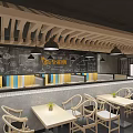 Modern Restaurant Interior Design With Central Wooden Lattice Colorful Walls And Pendant Lights