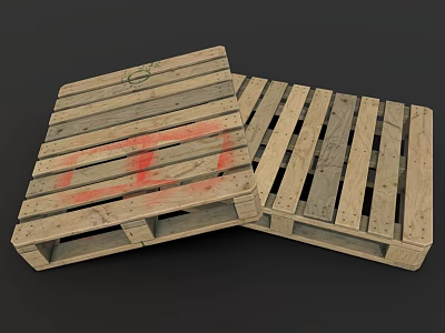 Two Rustic Wooden Pallets With Red Markings Stacked On Dark Surface 3d model