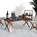 Outdoor Wooden Folding Table And Chairs Set With Teapot Wine Bottle And Green Plant
