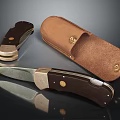 High Quality Folding Knife With Brown Leather Sheath And Metal Handle Design