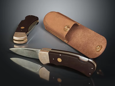 High Quality Folding Knife With Brown Leather Sheath And Metal Handle Design 3d model